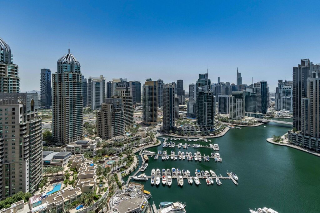 A breathtaking aerial view of Dubai Marina showcasing modern skyscrapers and luxury yachts.